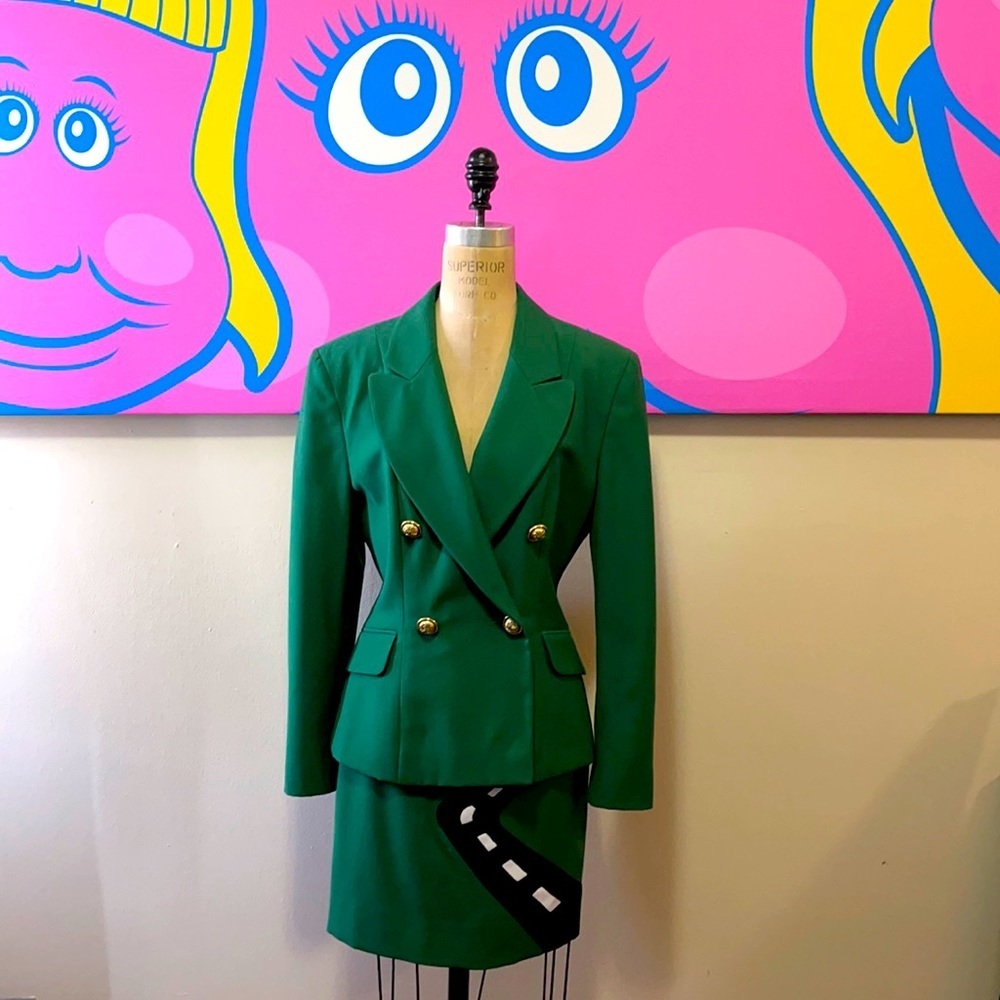 Moschino Cheap Chic Green Wool Skirt Suit Highway Sign Cow Sun